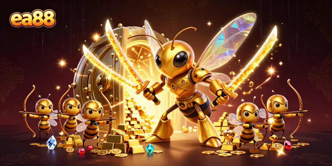 Engage with thrilling gaming adventures at ea88, featuring a golden hornet warrior and treasure-filled casino!