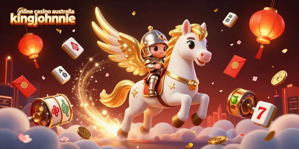 Experience the thrill of online casino australia kingjohnnie with a celestial horse and knight among dynamic casino elements.
