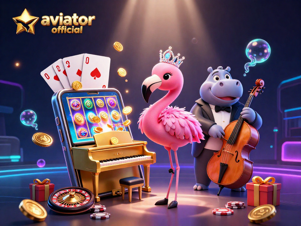 Play exciting Aviator official game surrounded by vibrant casino elements in a dynamic scene
