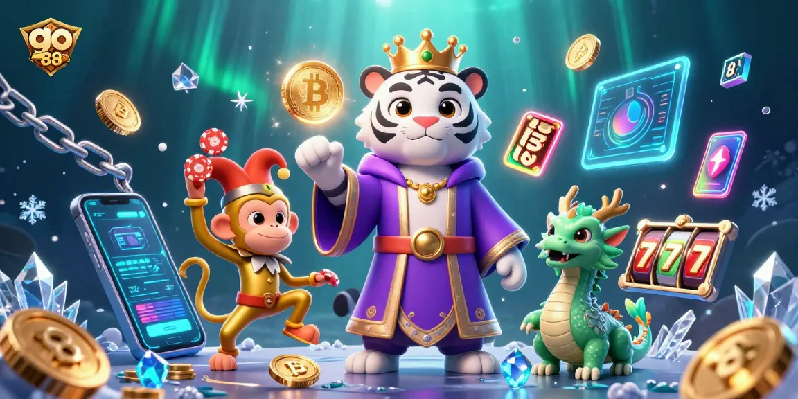 Experience go 88 with an engaging scene of a tiger, monkey, and jade dragon in a vibrant casino setting.