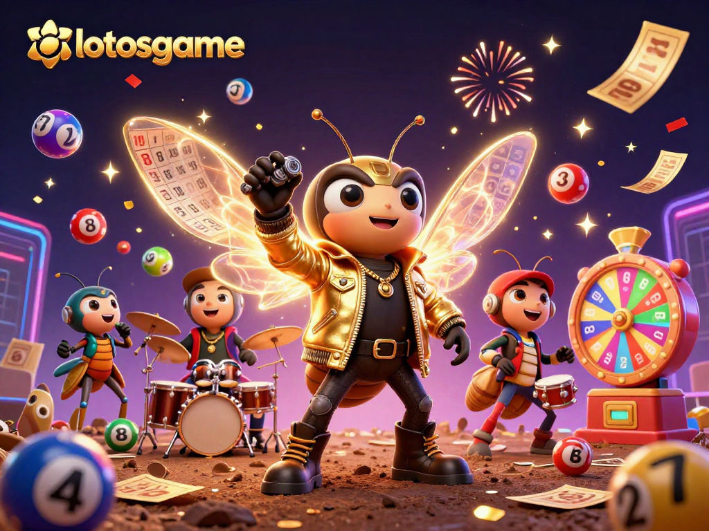 Win with lotosgame in this vibrant casino scene featuring dynamic lottery elements.