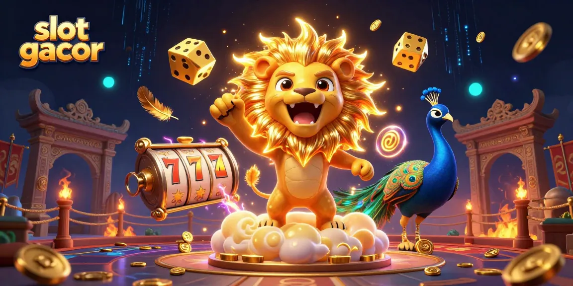 Spin to win with slot gacor as golden dice tumble and a roaring lion dazzles in a dynamic casino scene.