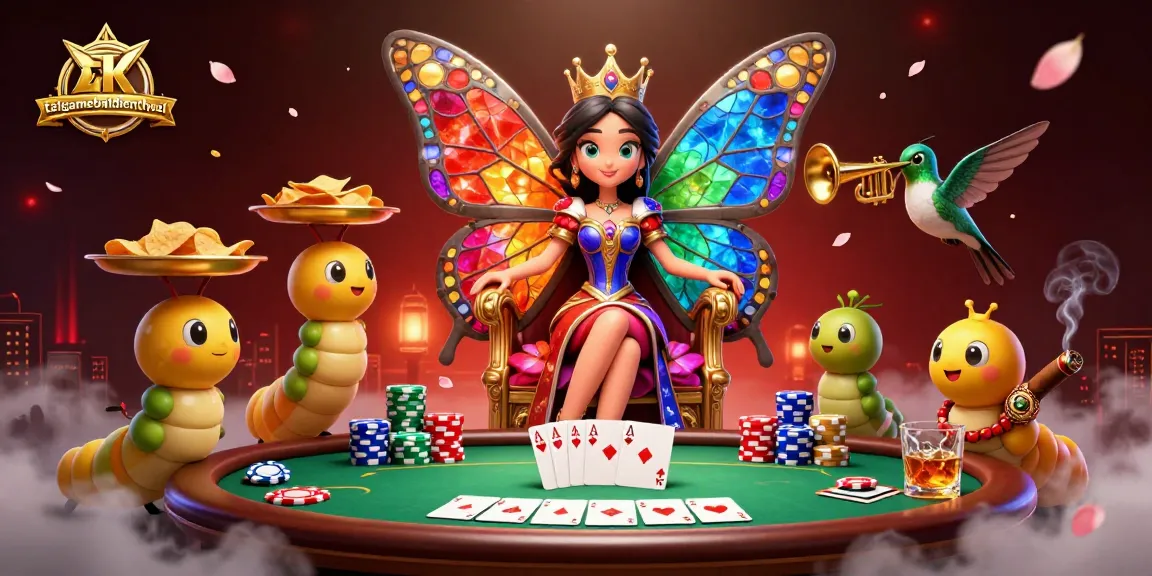Engage in thrilling poker action with taigamebaidienthoai’s vivid illustration showcasing a butterfly queen and dynamic game elements.