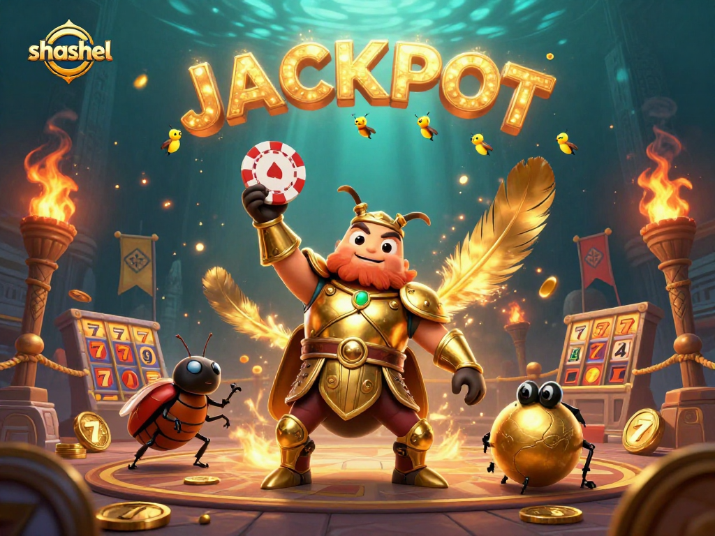 shashel's lively 3D scene showcases a victorious beetle in armor lifting a poker chip with dynamic casino elements.