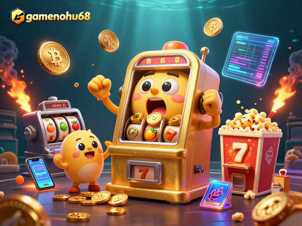 gamenohu68 activates its jackpot with golden coins in a vibrant casino scene, showcasing dynamic slot machine fun.
