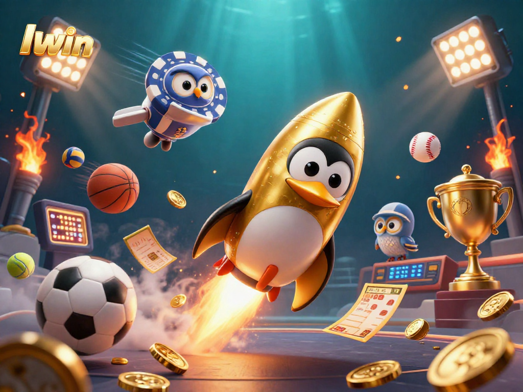 Iwin players betting on a vibrant scene with a golden penguin, poker chip station, and dynamic sports elements.