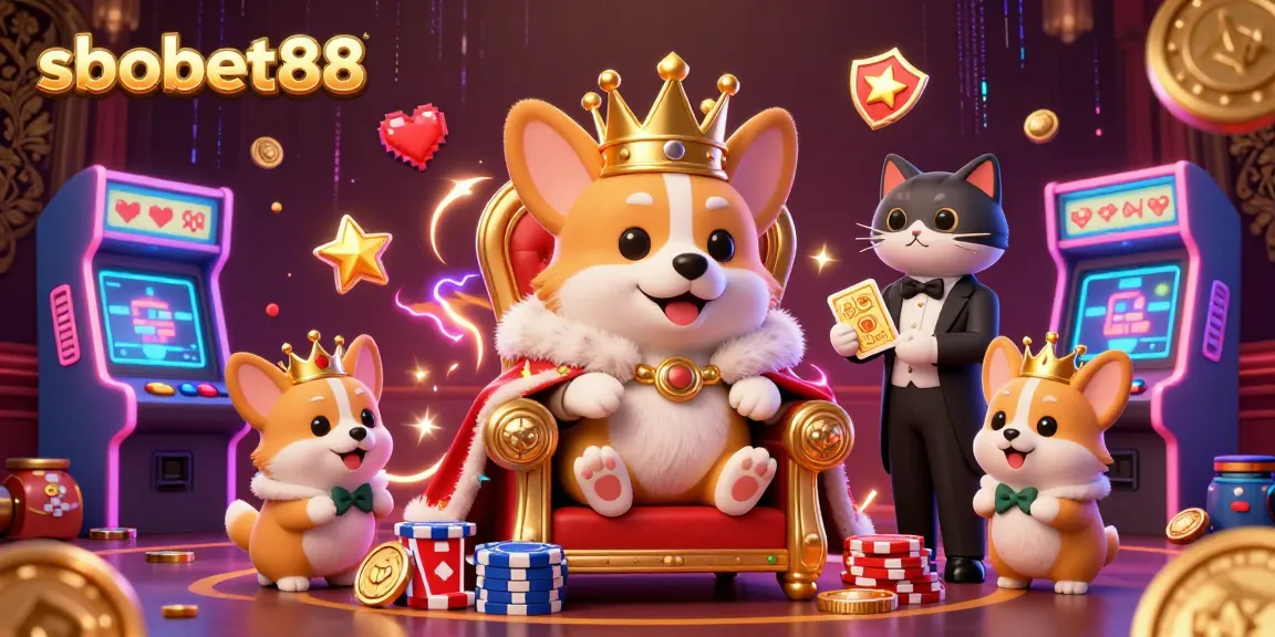 Sbobet88 sports betting illustration with a royal corgi on poker chips and game elements