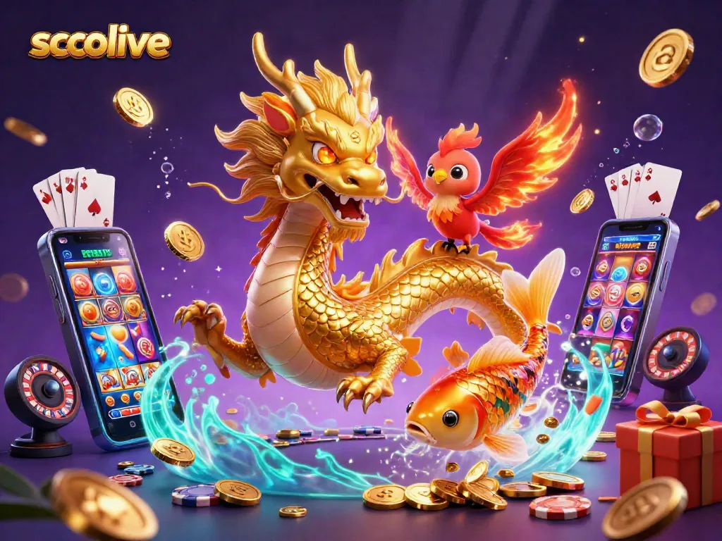 Socolive showcases a fierce dragon, phoenix, and koi fish amidst dynamic casino elements, enhancing excitement in gambling.