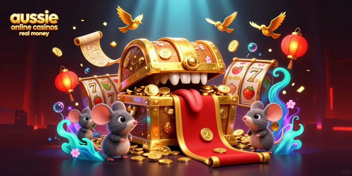 Aussie online casinos real money scene depicting treasure chest mimic enticing mice, vibrant slot game elements, and 3D illustrations