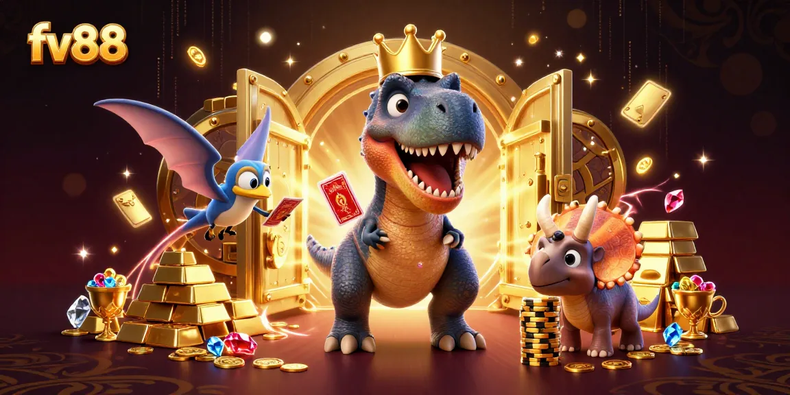 Join the fun at fv88 with a T-Rex card game scene packed with treasures and playful action.