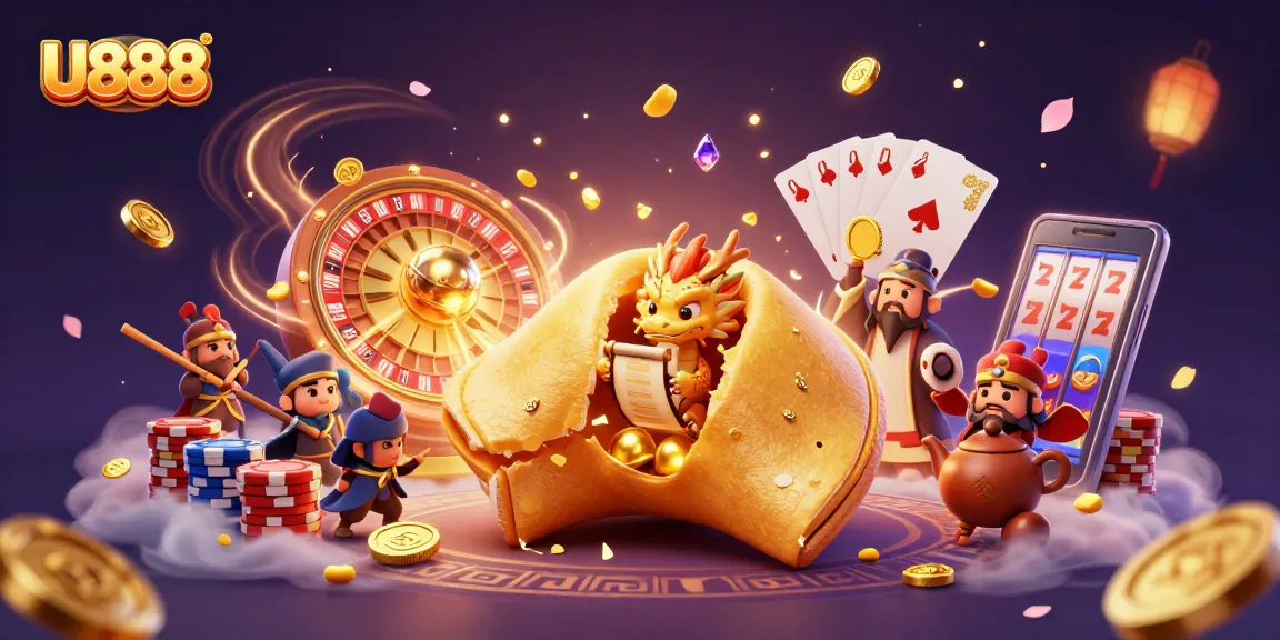 Engage with U888's vibrant casino experience through dynamic scenes of fortune cookies and gaming elements.