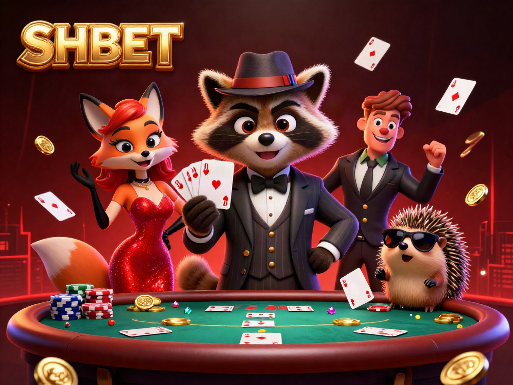 Experience winning strategies at SHBET with vibrant poker characters in a dazzling casino scene.