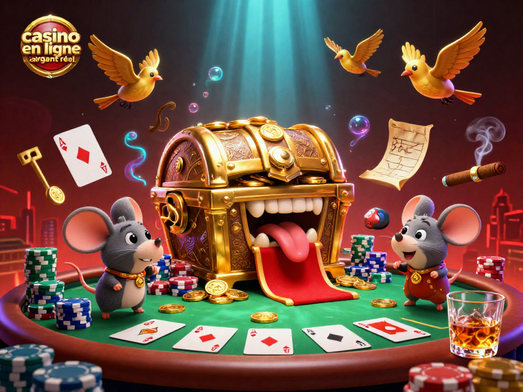 Joue et gagne sur un casino en ligne argent réel, entouré de trésors et de jetons colorés.