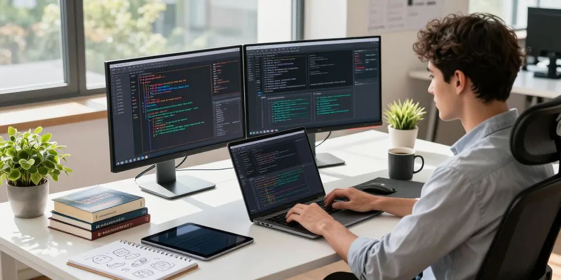 Developer deep in code on dual monitors, illustrating slot qris technology in a modern workspace.